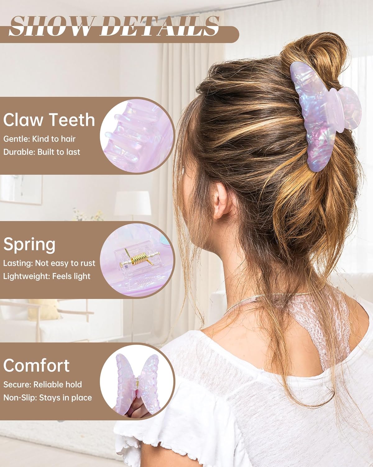 Acrylic Hair Clips - 4 Pack Nonslip Large Hair Grips for Thin & Thick Hair | French Banana Barrettes (Pink, White, Green, Champagne)