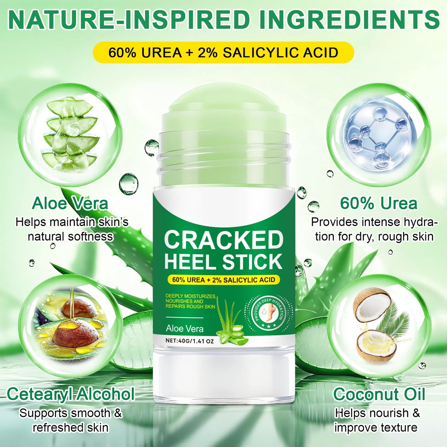 60% Urea Cream with 2% Salicylic Acid & Aloe vera Cracked Heel Stick, Long-lasting Moisture, Repair Cracked Heels, Deep Moisturizing Heel Balm with Aloe Vera, Coconut Oil, Tea Tree Oil, 1.41 oz / 2PCS