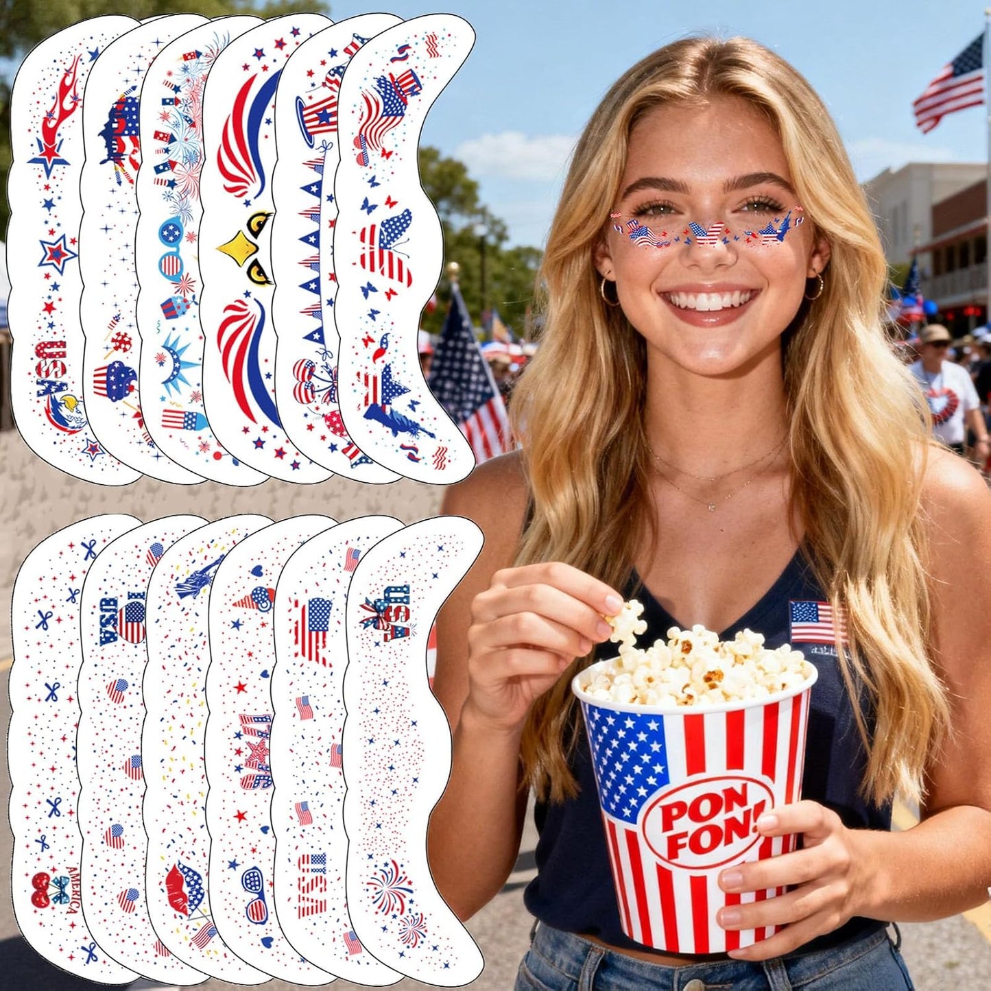 Red White and Blue Glitter Freckles Face Tattoos - 12Pcs Patriotic Temporary Makeup Stickers for 4th of July | Rhinestone Accents