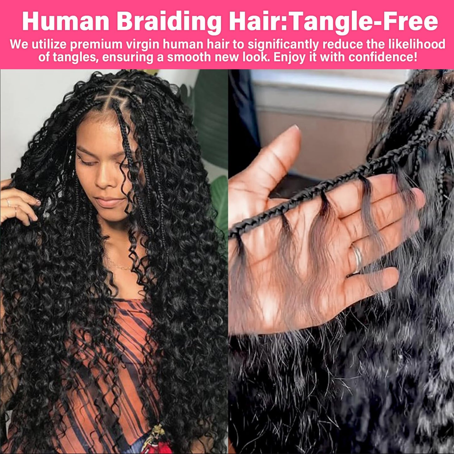 WOWANGEL Human Braiding Hair for Boho Braids, Natural Black, 20 Inch