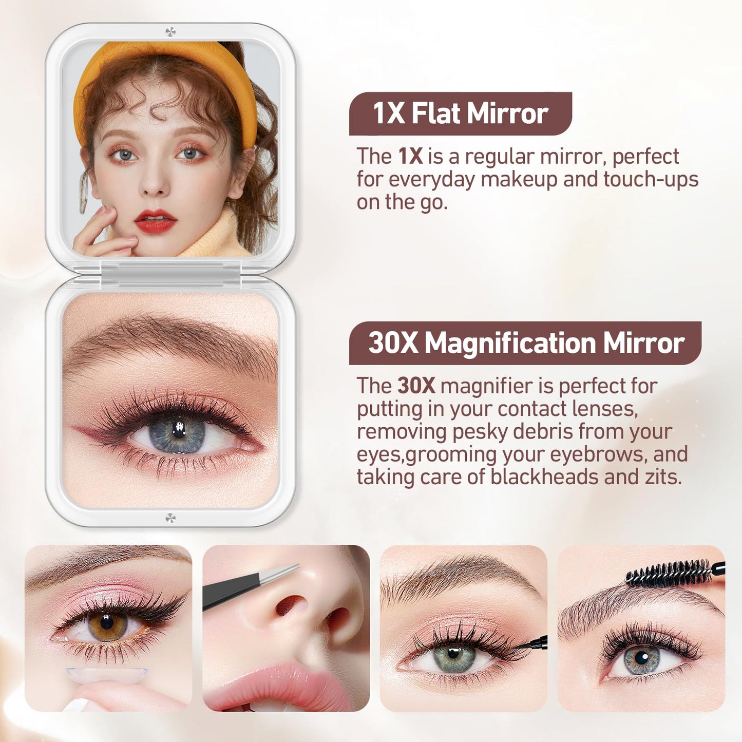MOMOKUBA 30X Magnifying Mirror, Compact Travel Mirror for Purse & Pocket, Double-Sided Makeup Mirror with Tweezers, Portable Mirror for Eyebrow Plucking, Daily Beauty and Travel Essentials, Rose