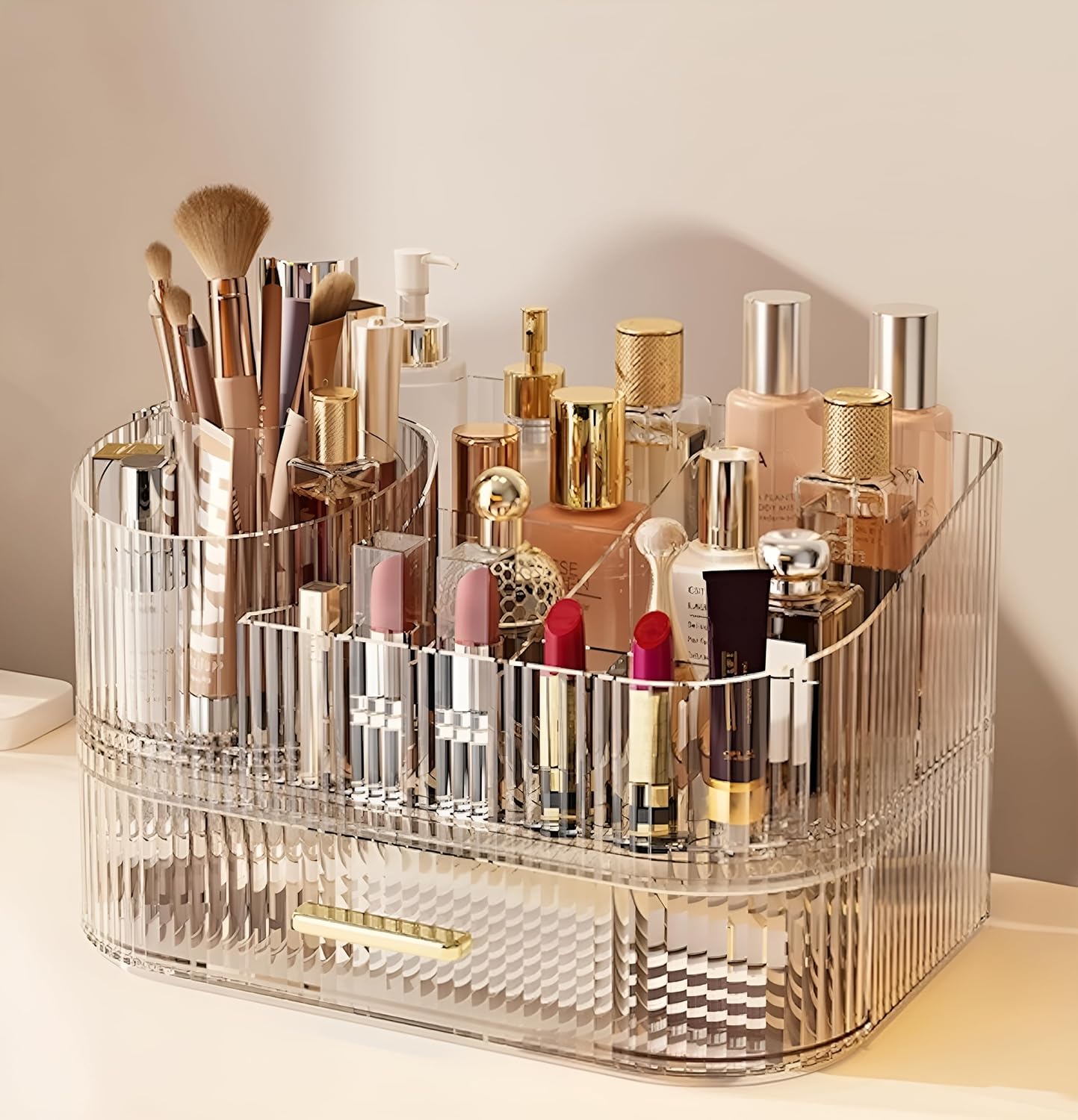 Makeup Organizer - 360° Rotating Brush Holder & Large Capacity Storage | Cream White, 3-Layer Design for Vanity & Accessories