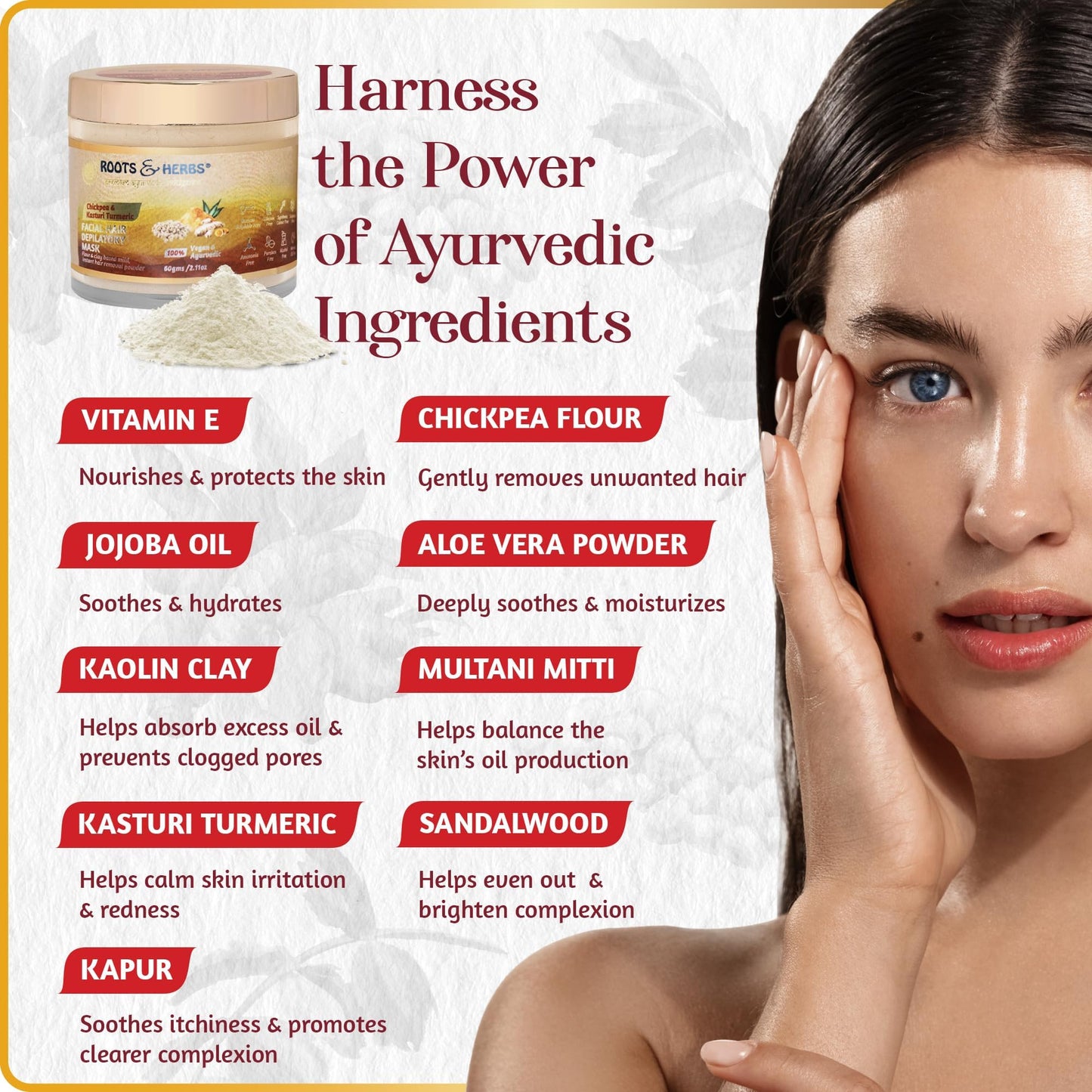 Chickpea & Kasturi Turmeric Facial Hair Removal Powder - For Men & Women, Chin, Jawline & Upper Lips - Depilatory Mask with Ayurvedic Herbs - Roots & Herbs, 2.11oz