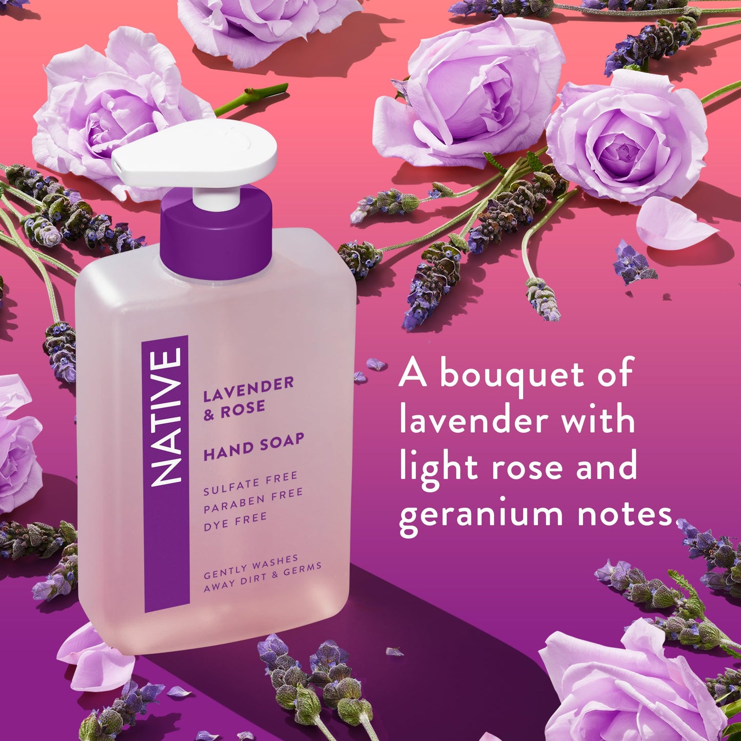 Native Liquid Hand Soap, Lavender & Rose Scent, Non-Drying Formula for Soft, Smooth Hands, Made with Plant-Based Cleansers, Sulfate & Paraben Free, 13 oz Bottle