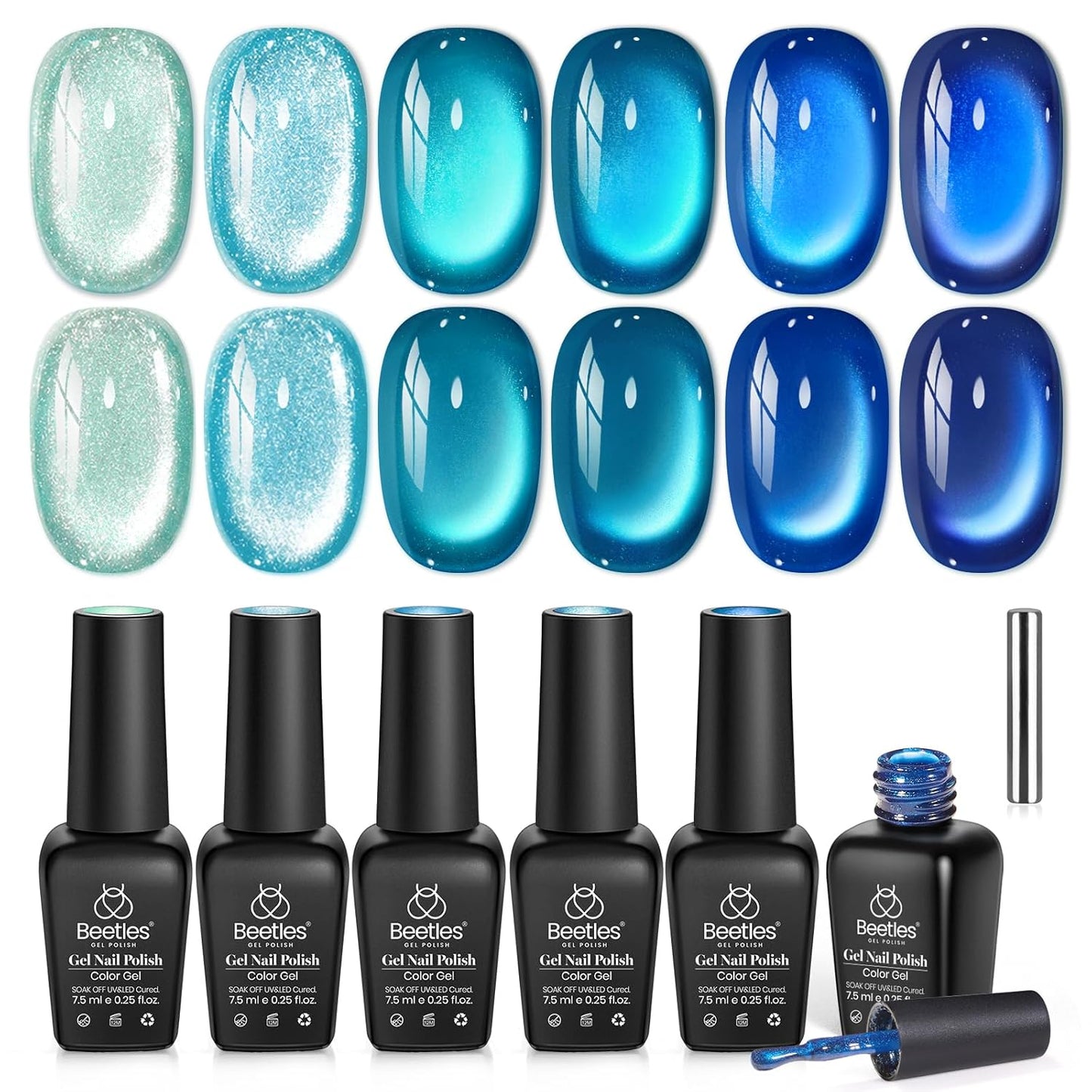 Beetles Green Gel Nail Polish Set - 6 Colors Cat Eye Glitter Gel | Summer Lime Yellow Flash UV LED Starter Kit for DIY Home & Salon Use