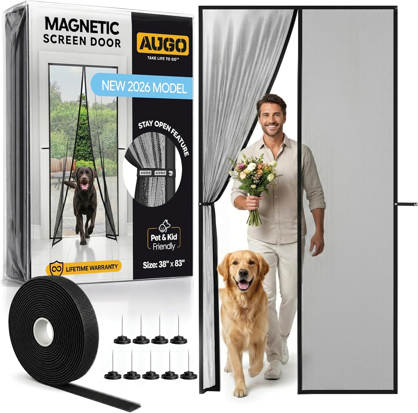 Magnetic Screen Door - Heavy Duty, Self-Sealing Mesh Keeps Bugs Out | 38" x 83" - Pet & Kid Friendly