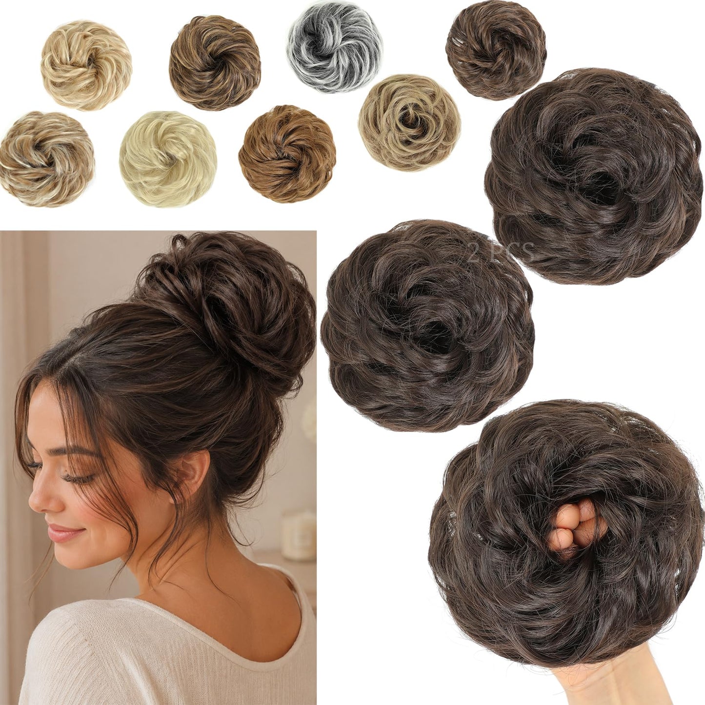 Amchoice Messy Bun Hair Piece 2 Pcs Elastic Wavy Curly Bun Hair Pieces for Women Instant Volume Lightweight Synthetic Chignon Hairpieces for Girls Daily Wear Party Travel(Deep Taupe)