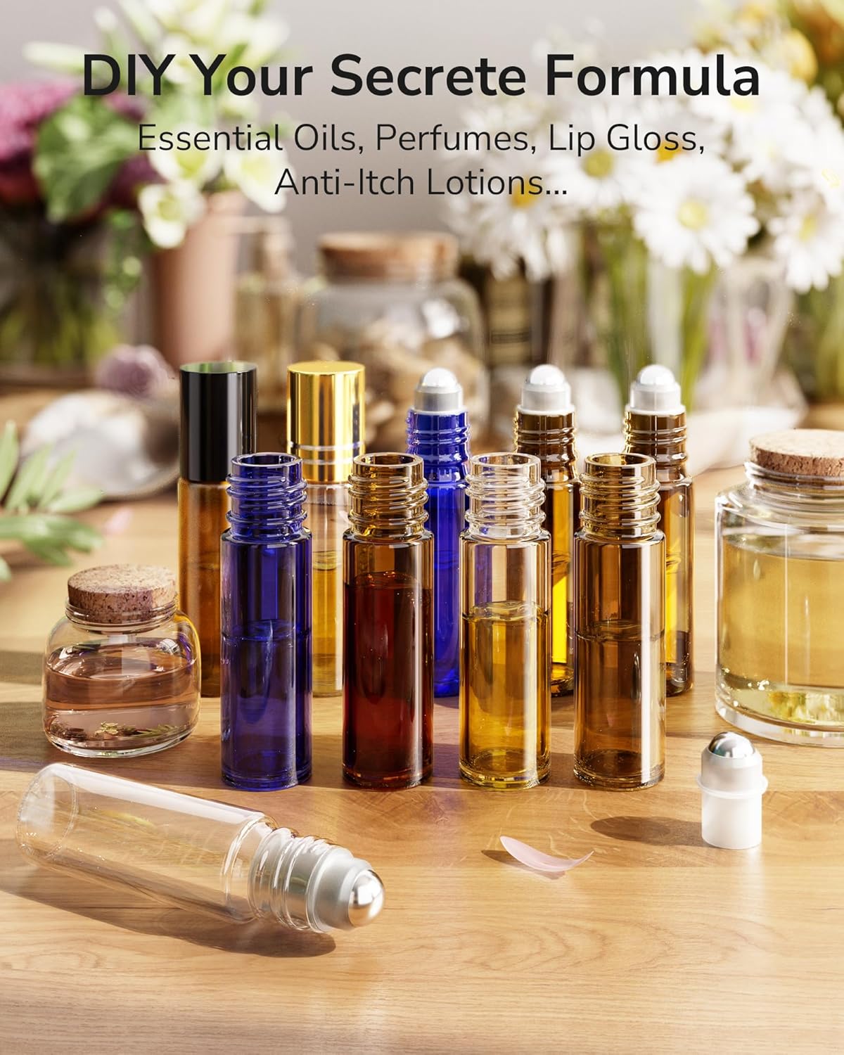 Essential Oil Roller Bottles - 48-Pack 10ml Amber Glass with Stainless Steel Roller Balls | Waterproof Labels