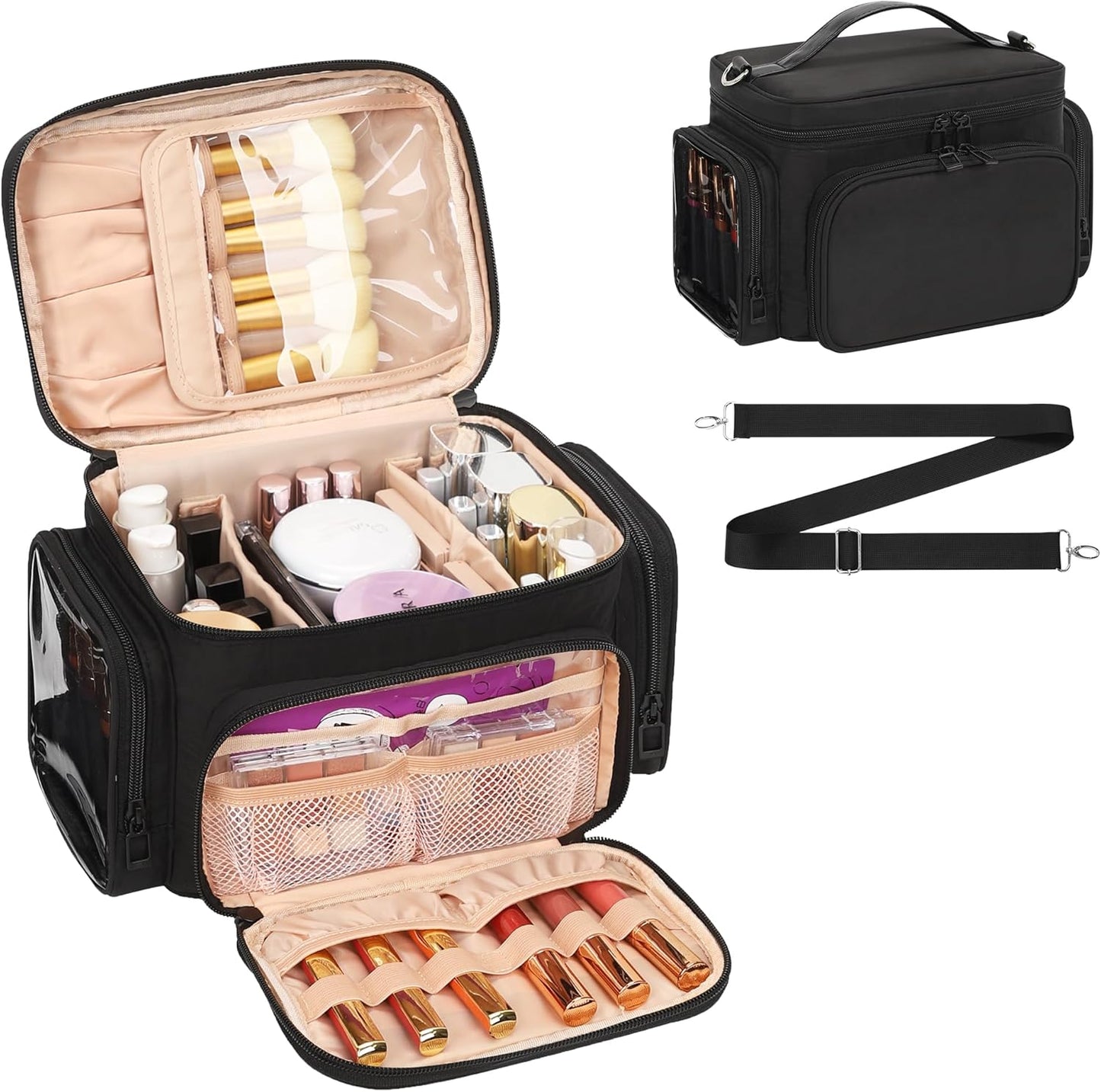 Large Makeup Bag Organizer for Women - Portable Travel Cosmetic Bag with Brush Compartment & Side Pockets | Black