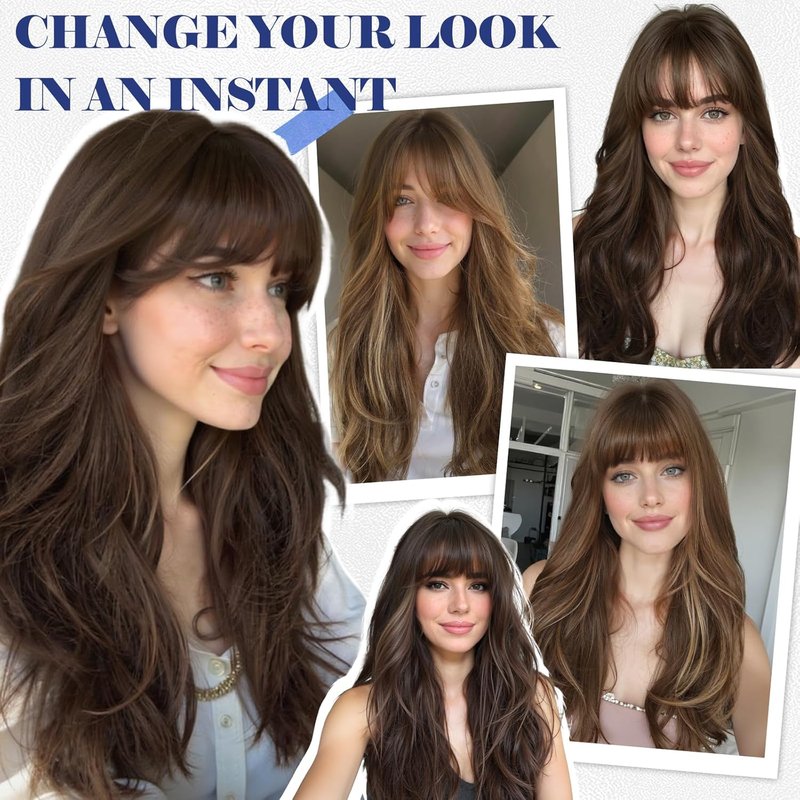Long Ombre Brown Wig with Bangs - Layered Curly Synthetic Hair for Women | Daily Wear