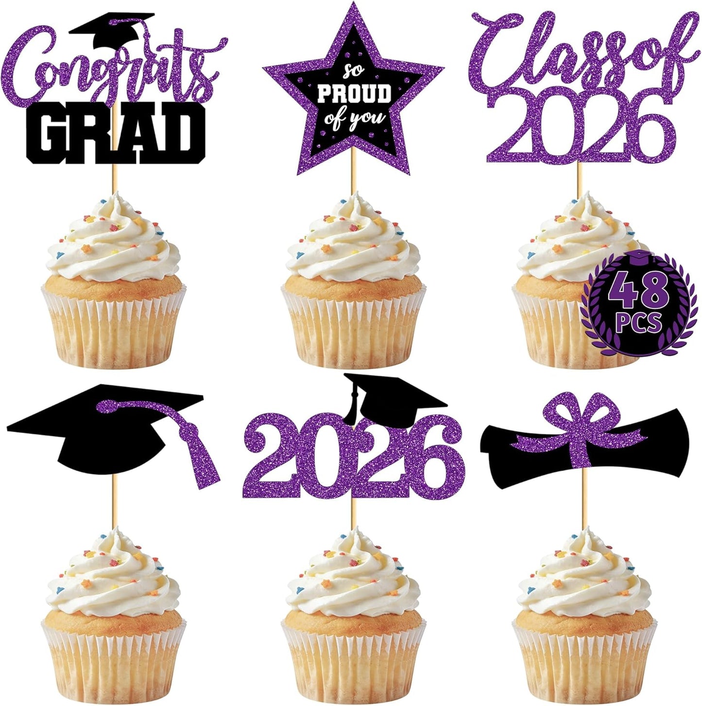 Graduation Cupcake Toppers - 48 PCS Black & Gold Congrats Grad Decorations | Glittery Cap & Diploma Picks for 2026 Party