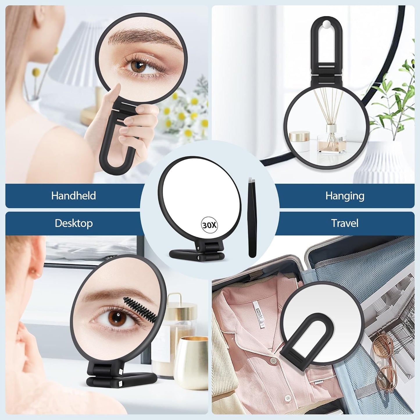 30X Magnifying Hand Mirror - Double-Sided Portable Makeup Mirror | Travel Essential in Black