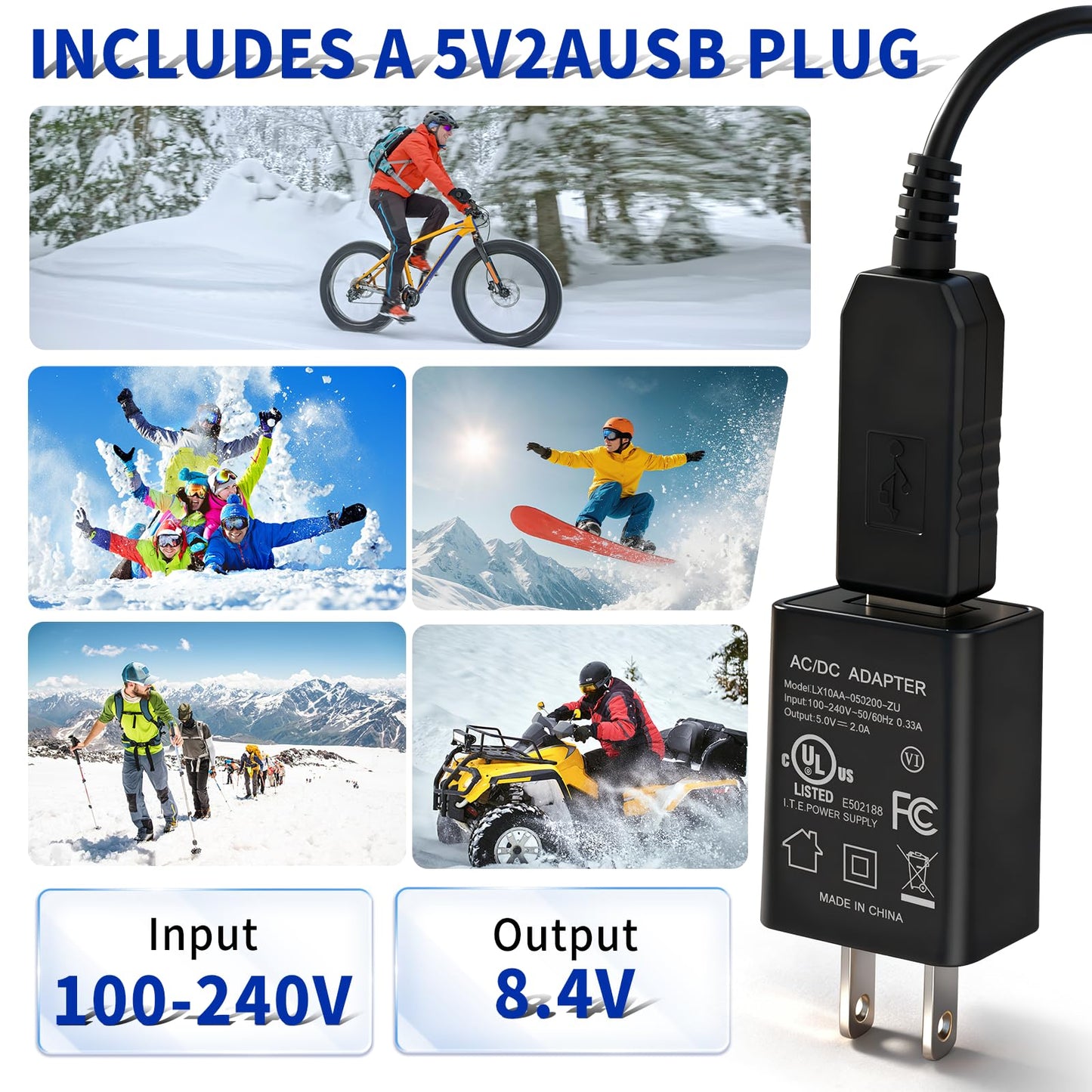 USB-DC Dual Port Charger 8.4V for Savior, Snow Deer, Sun Will Heated Gloves Socks Hats Vest Mittens Heating Pad Compatible with 7.4V SWB01 SWB03 2200 3000 3500mAh Rechargable Lithium Polymer Batteries