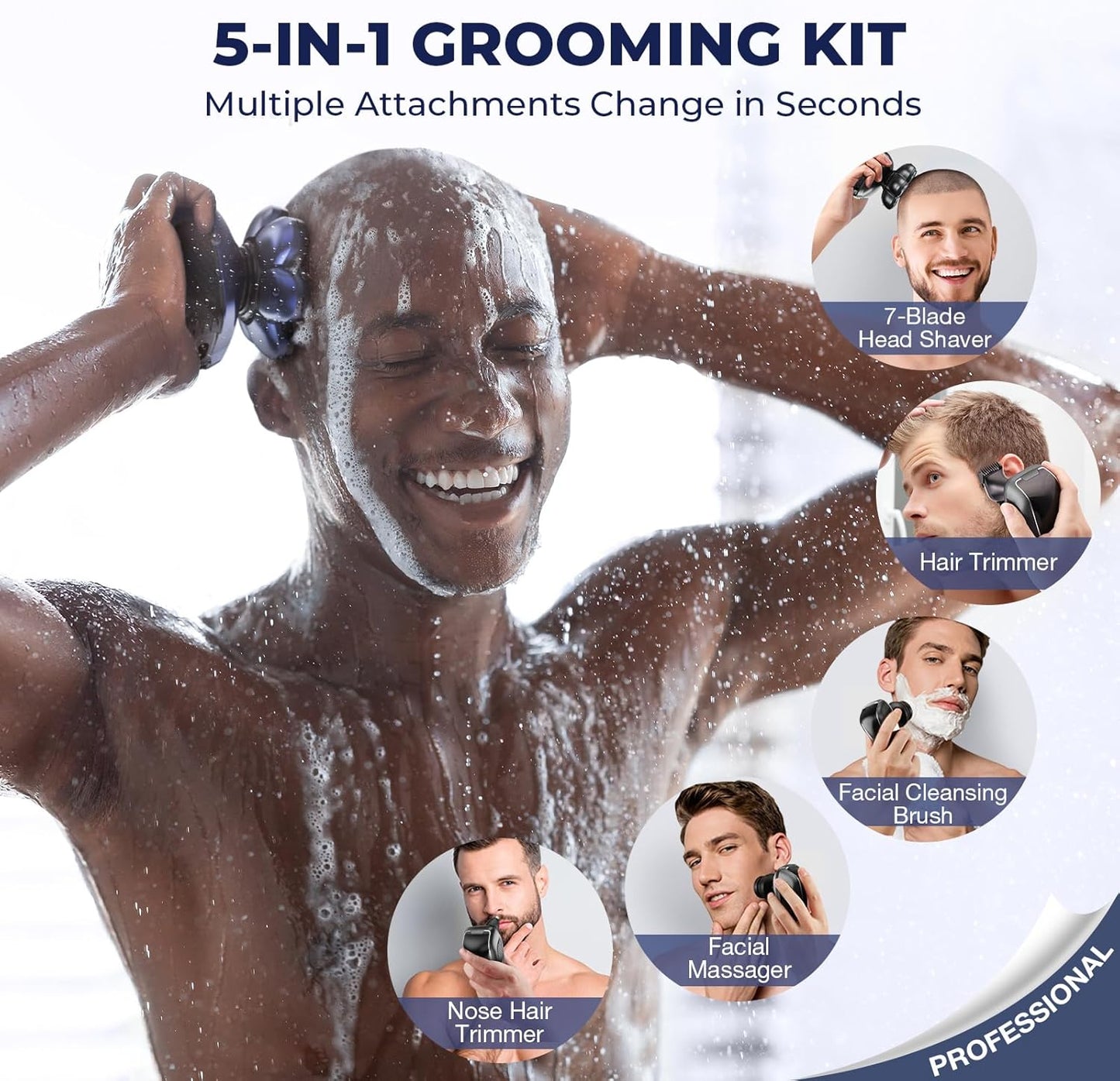 5-in-1 Electric Head Shaver for Bald Men - Waterproof Wet/Dry Grooming Kit | Rechargeable Razor in Deep Blue