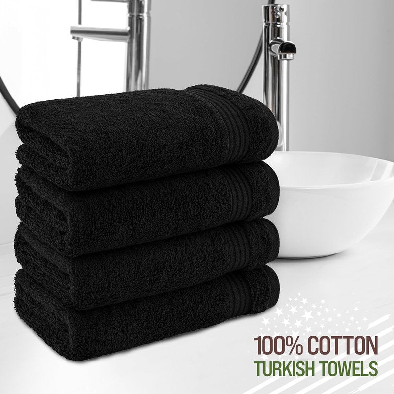 American Veteran Hand Towels Set of 4 - 100% Cotton Turkish Soft Bathroom Towels | Black