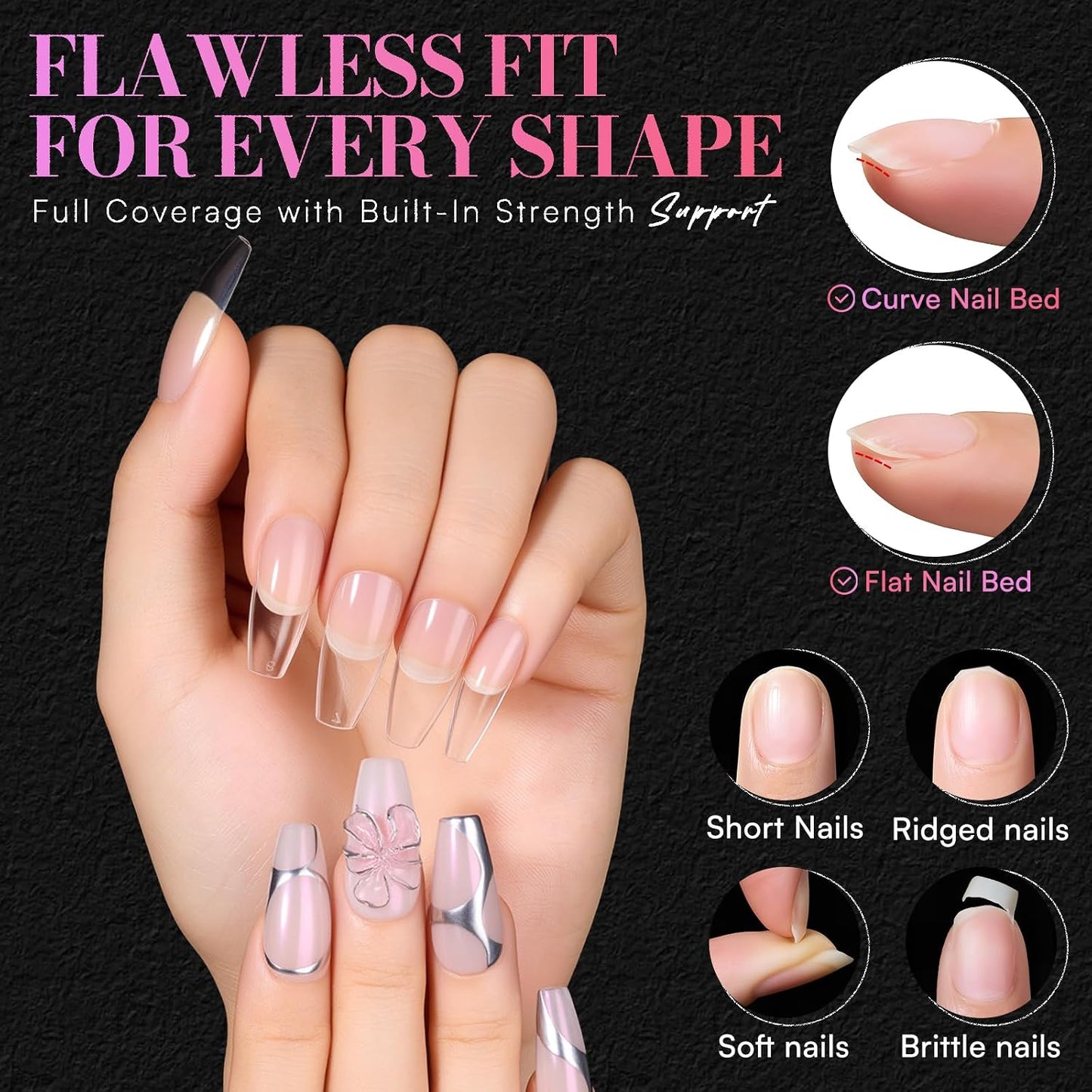 Coffin Nail Tips - 504 PCS Pre-Etched Clear Acrylic Full Cover | 15 Sizes for Salon & DIY Use
