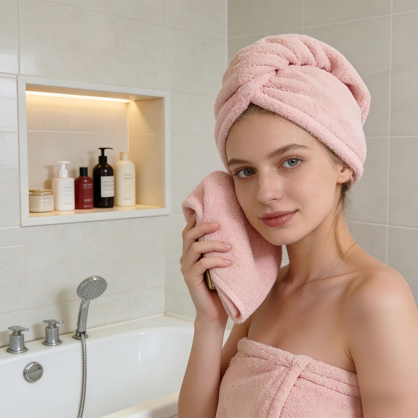 Microfiber Hair Towel, 1 Pack Hair Towel Wrap for Women Quick Drying Hair Turban Towel 26x10 Inch, Soft Lightweight Hair Wrap with Elastic Loop, Suitable for Home, Gym, Travel, Curly/Long Hair, Pink