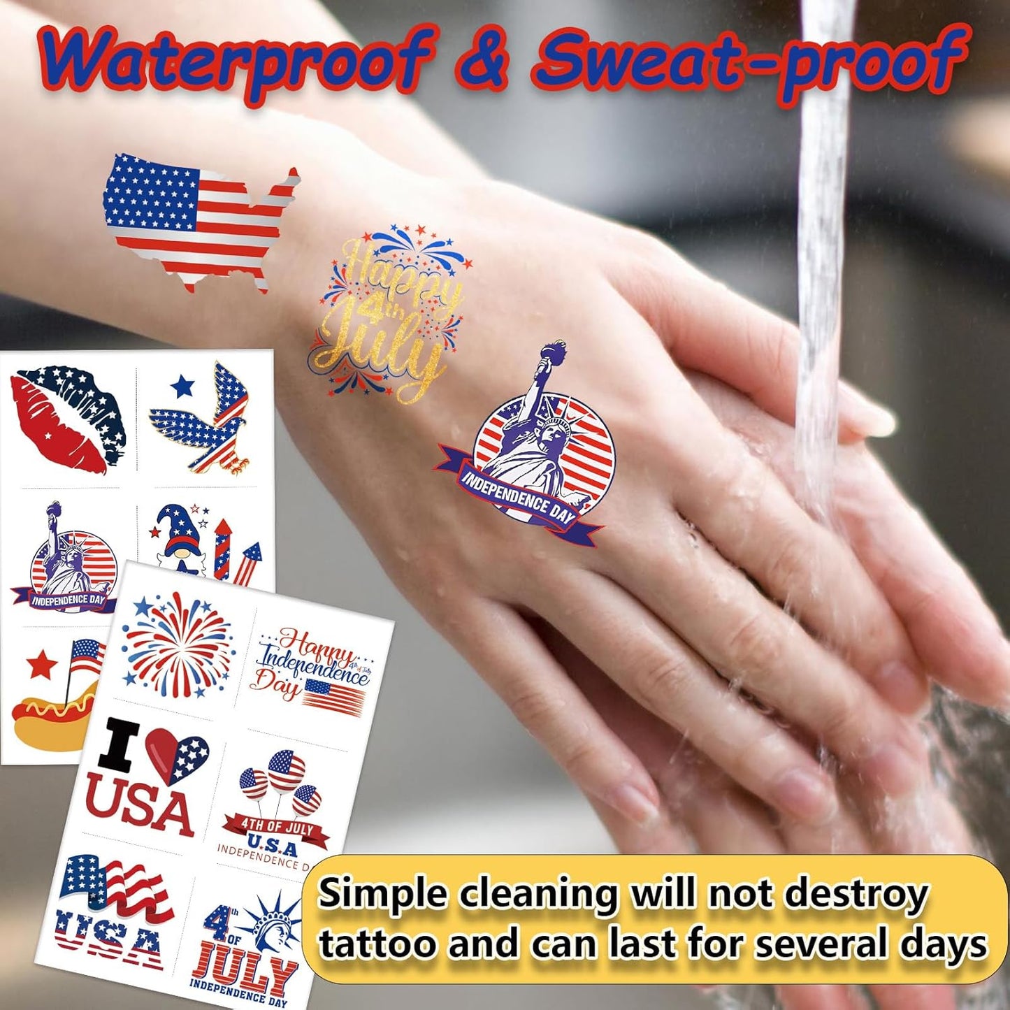 Fourth of July Temporary Tattoos for Kids - 180 Patriotic USA Flag Designs | Red, White & Blue Party Supplies