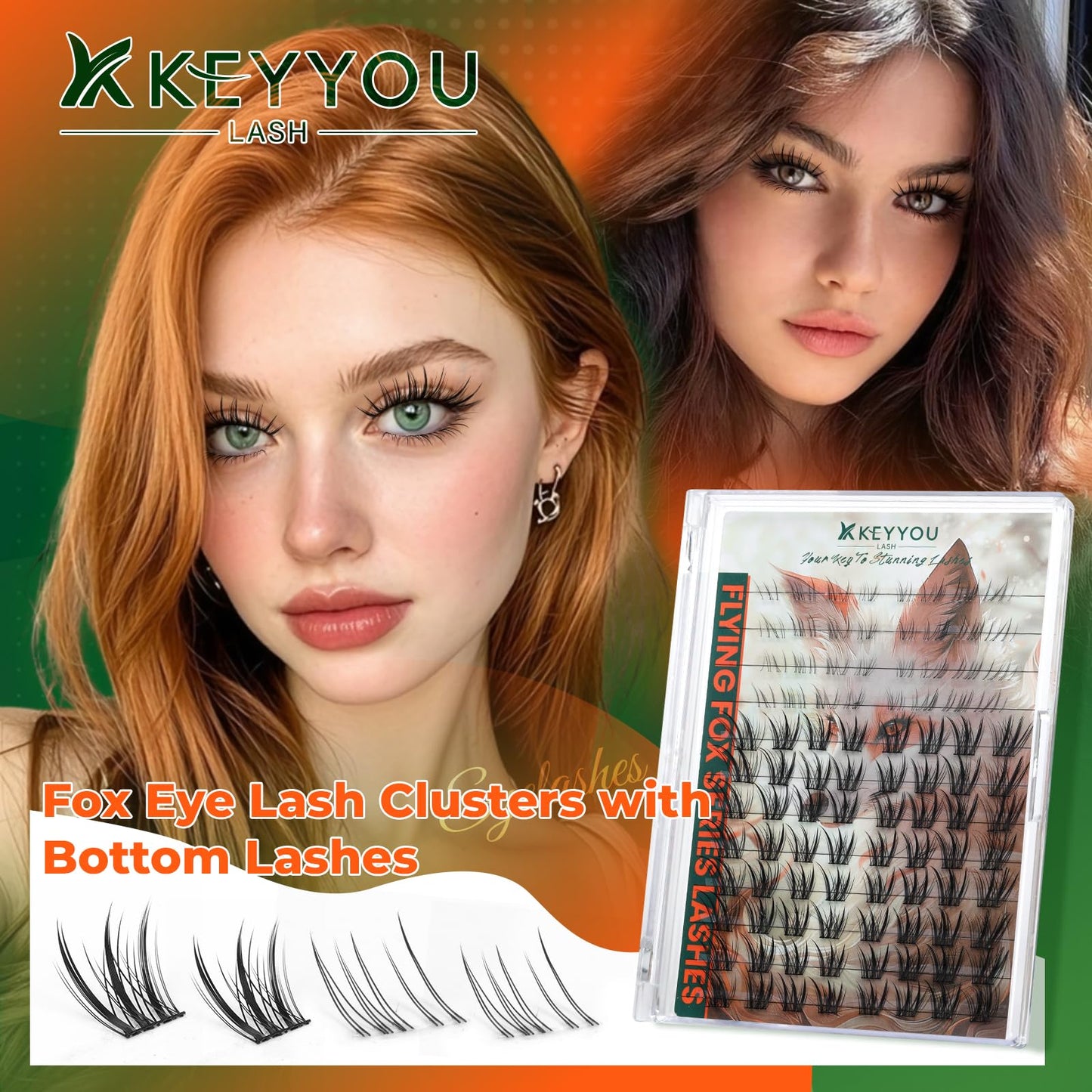 KEYYOU Lash Clusters Kit 96pcs Fox Eye Lashes Lash Extension Kit with Bottom Lash Clusters and Spikes Eyelash Extension Kit with Bond and Seal Applicator and Remover for DIY Fox Lashes at Home(TuShan)