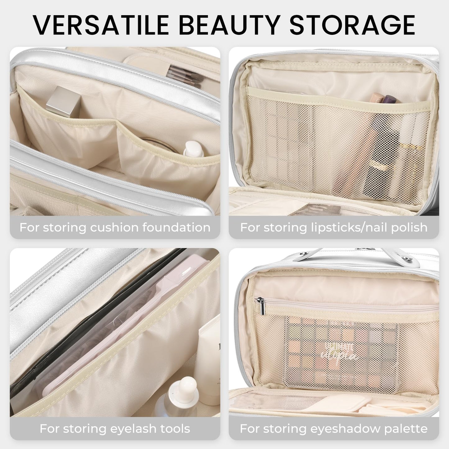 HauteHues Travel Makeup Bag Women's Large Capacity Cosmetic Portable Organizer Large Opening Waterproof Storage Toiletry Bags Vertical Free-Standing Brush Holder for Easy Access Silver