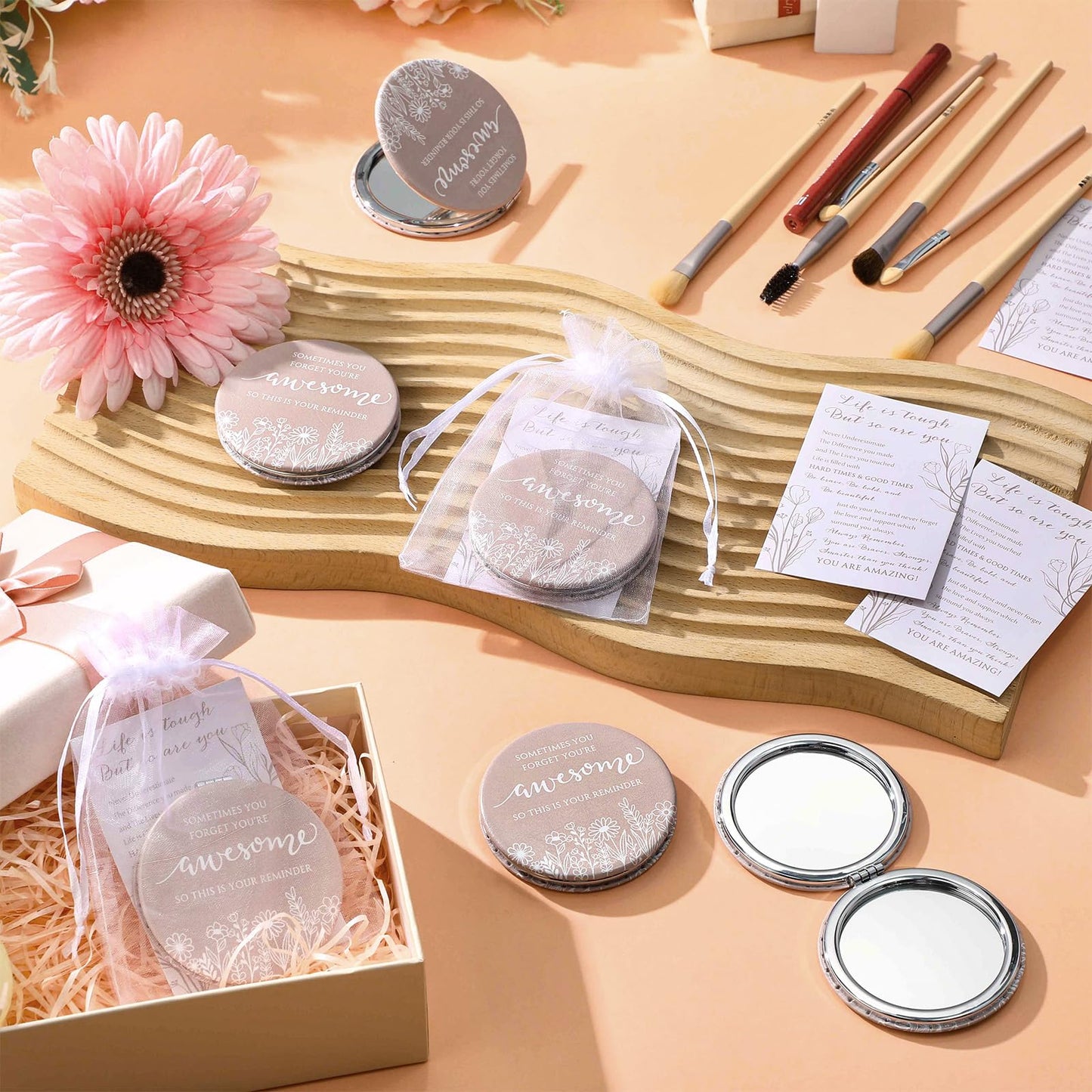 CroBlissful Inspirational Gifts for Women Bulk Wildflower Compact Mirror Makeup Purse Double Sided Folding Mirror Inspirational Gift Cards with Bag for Women(12 Set,Classic)