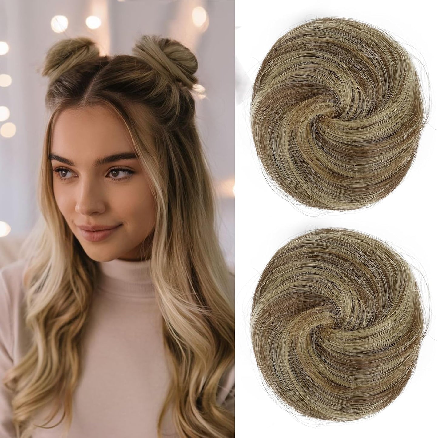 Mini Claw Clip Hair Bun Extensions - 2 PCS Messy & Cat Ears Updo Accessories | Golden Blonde Mix