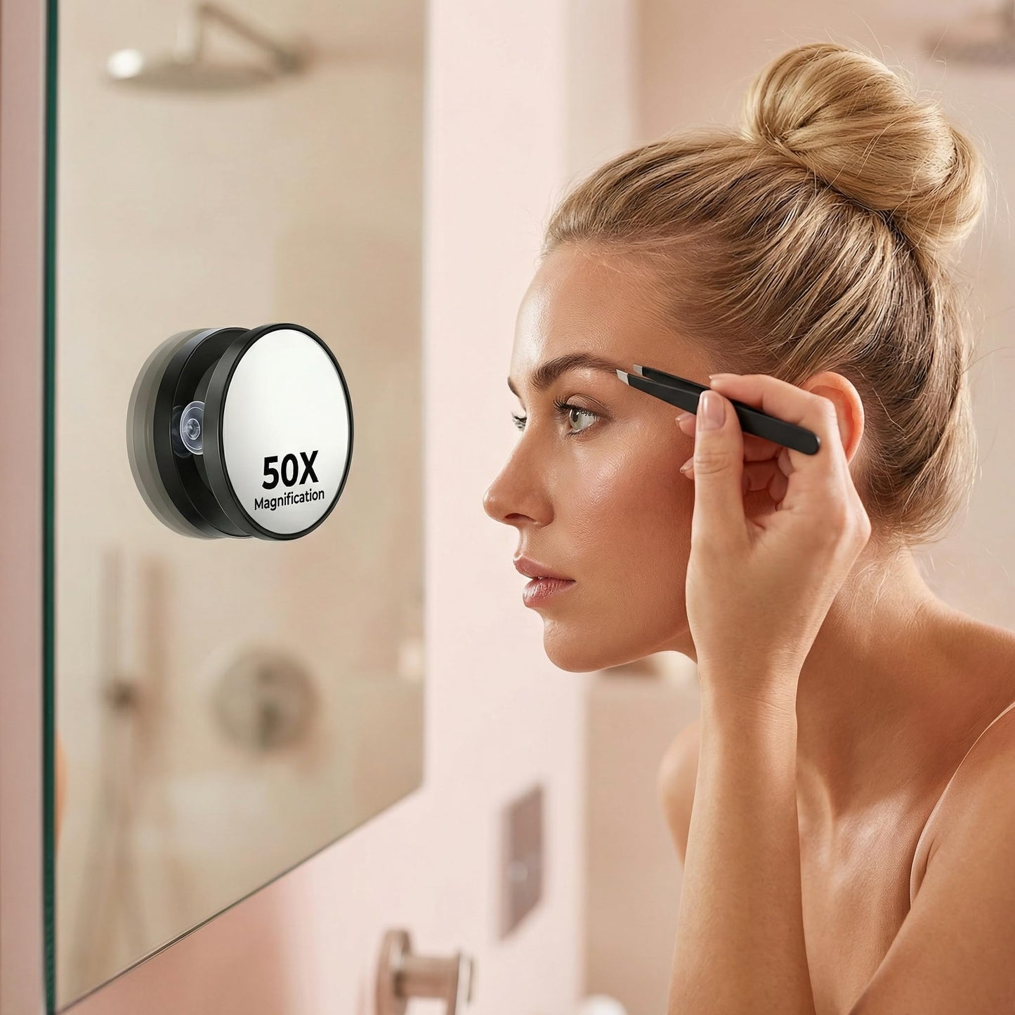 50X Magnifying Makeup Mirror, Small Round Cosmetic Tool with Suction Cups and Tweezers, Portable Handheld Mini Compact Mirror for Precision Pore Extraction Eyebrow Plucking and Travel Black