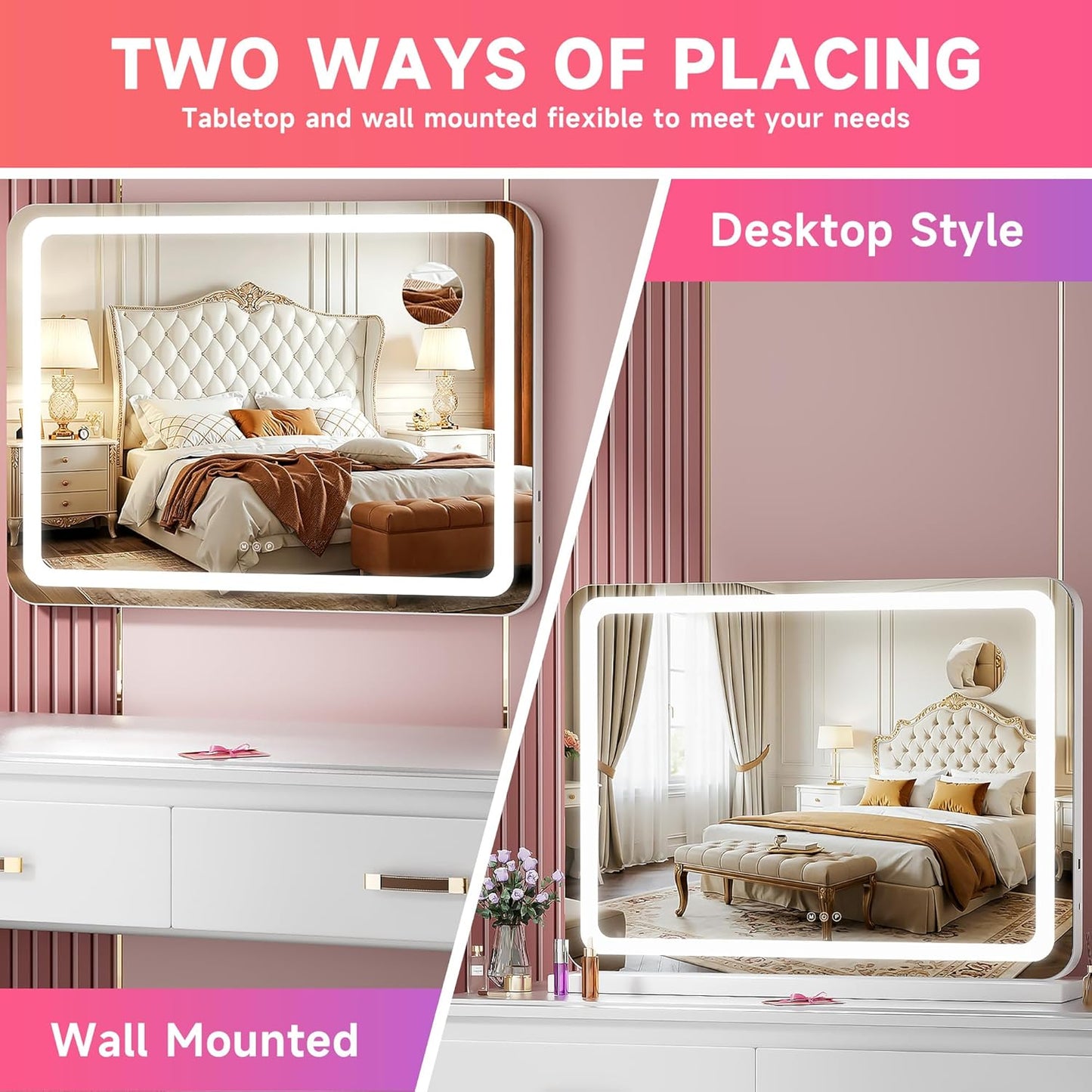 LED Makeup Mirror with Lights - 23" x 18" Dimmable Vanity Mirror | 10X Magnification, Smart Touch, USB Charging