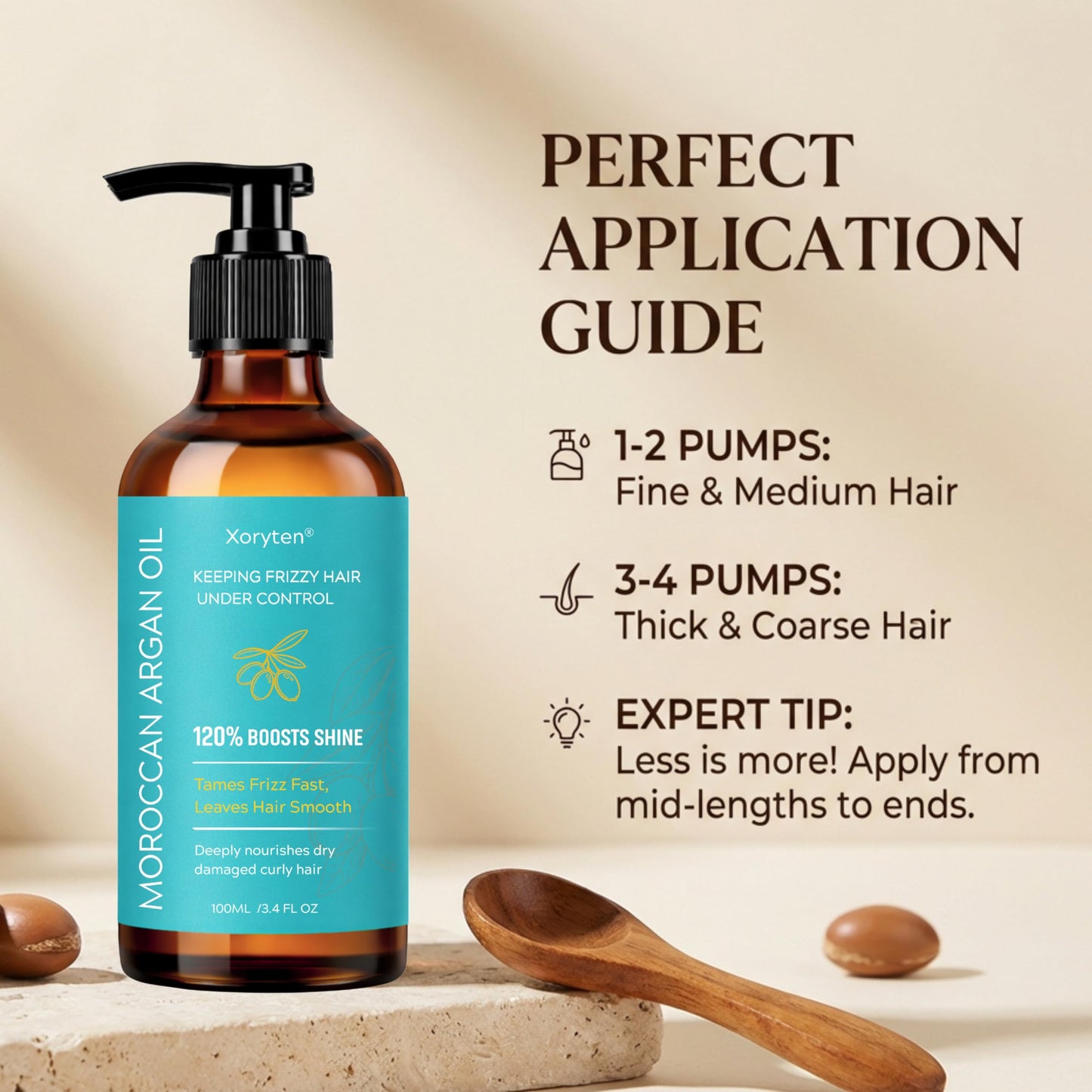 XORYTEN Moroccan Argan Oil – 100ML/3.4 Fl Oz-Nourishing & Smoothing Hair Oil for Frizzy, Curly, Long, Dry & Damaged Hair – Moroccan Hair Oil Treatment for Frizz Control & Heat Protection