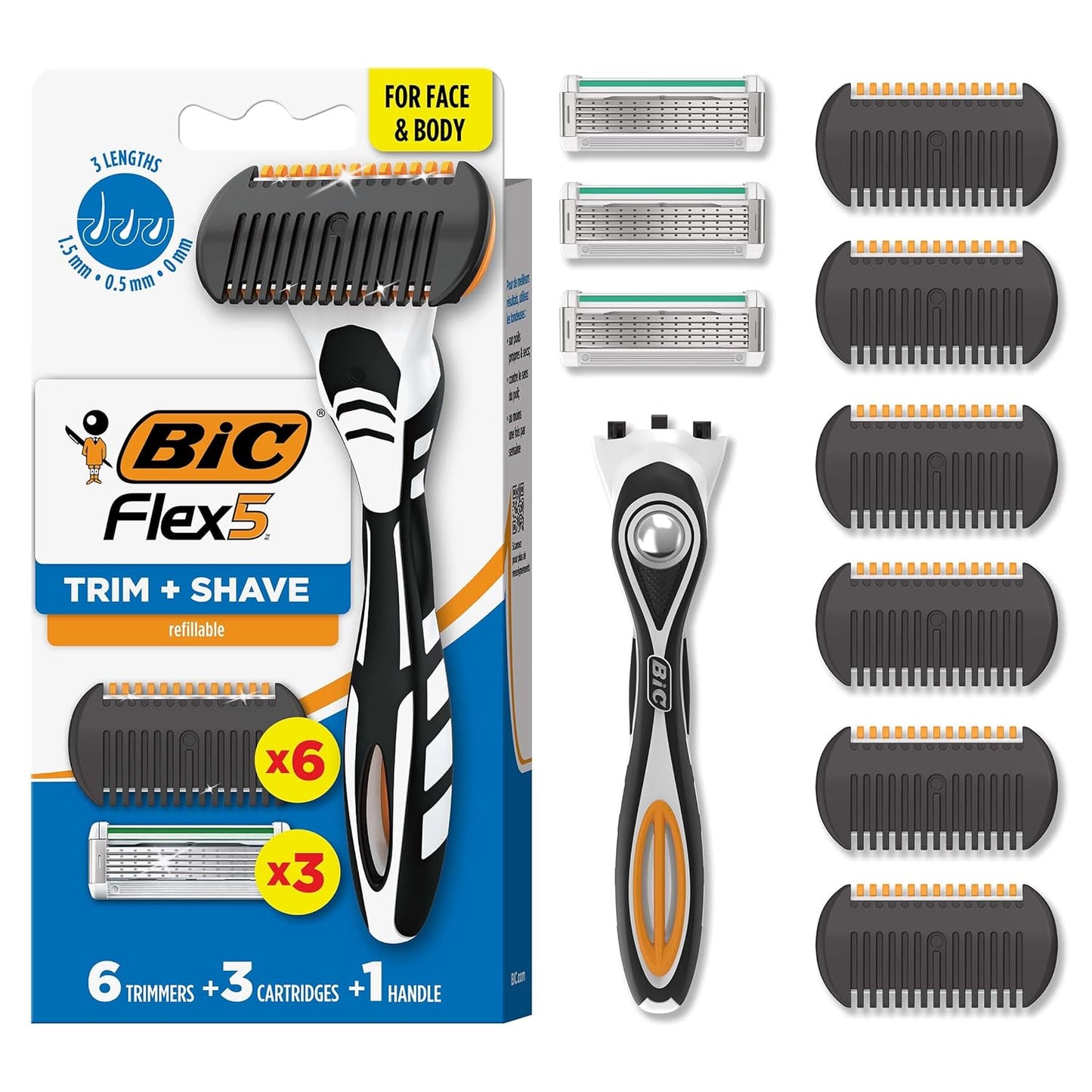 BIC Flex 5 Men's Grooming Kit - 3-in-1 Beard Trimmer, 5-Blade Razor & Precision Edger | 3 Cartridges, 6 Trimmers