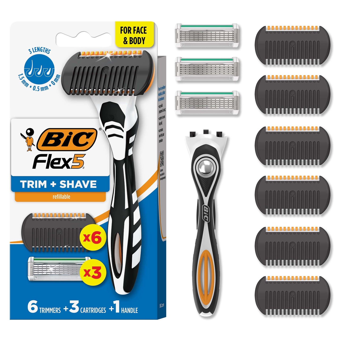 BIC Flex 5 Trim and Shave Men's Grooming Kit, 3-in-1 Beard Trimmer, 5-Blade Razor and Precision Edger, No Battery Required, Dorm Room Essential, 3 Cartridges and 6 Trimmers