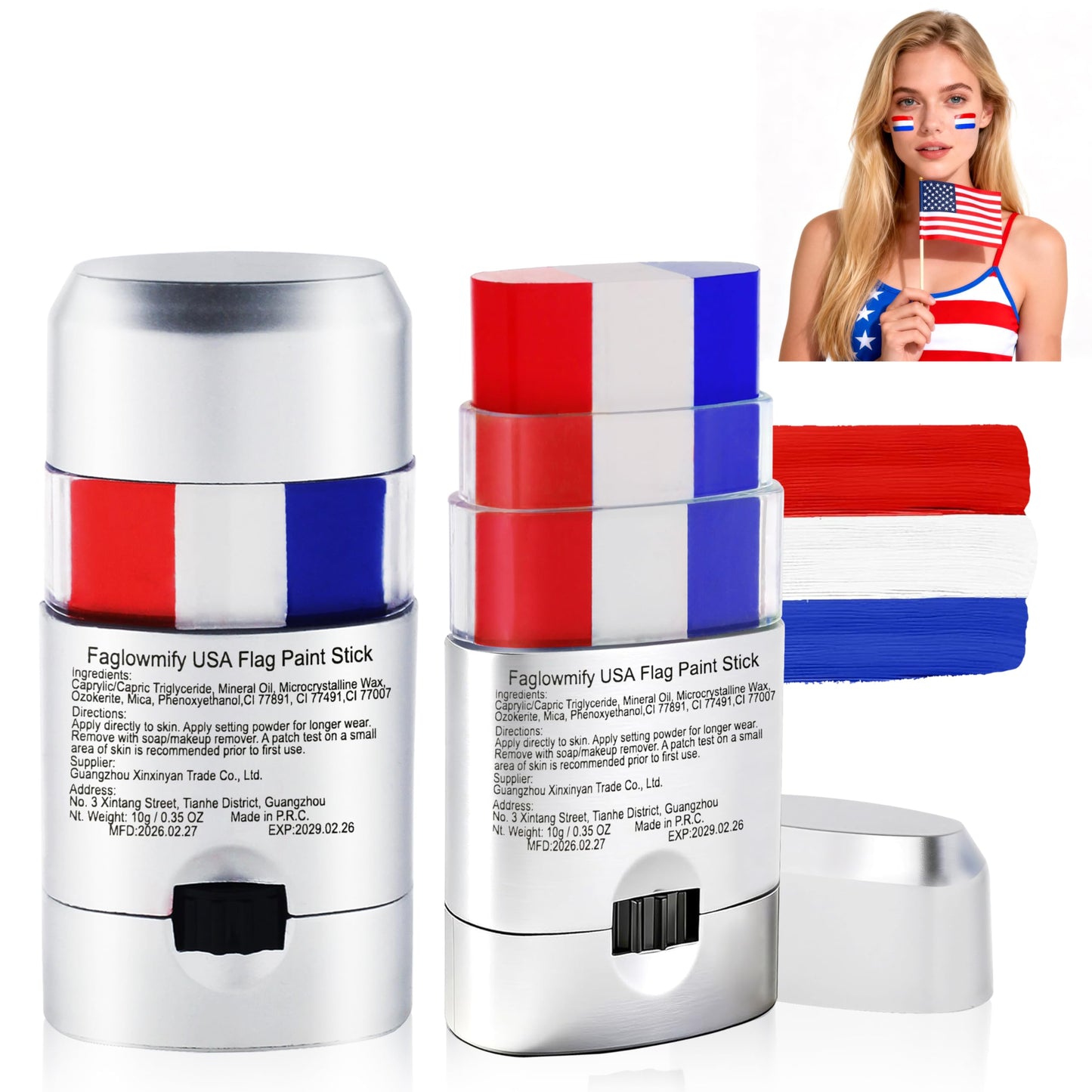 Faglowmify 2Pcs Red White and Blue Eye Black,USA Flag Face Paint Makeup for 4th of July America Independence Day,Baseball Face Paint for Game Day