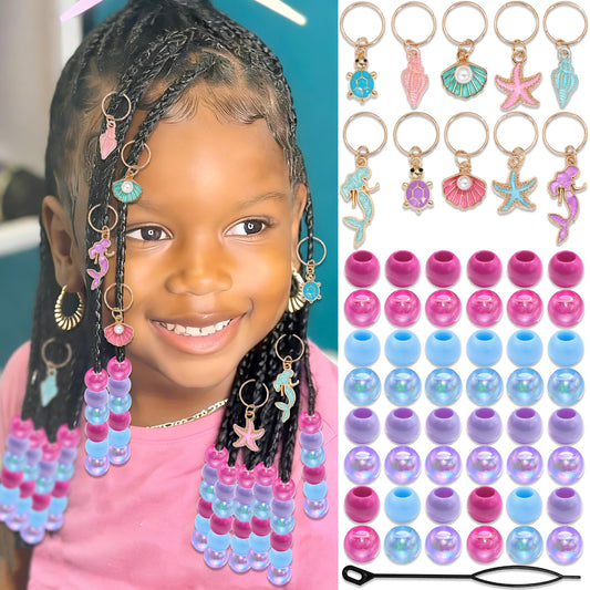 NAISKA 70PCS Pink Blue Beads for Braids Starfish Seashell Hair Charms Colorful Loc Beads Sets Mermaid Hair Jewelry Cute Multi-styles Hair Accessories for Kids Girls
