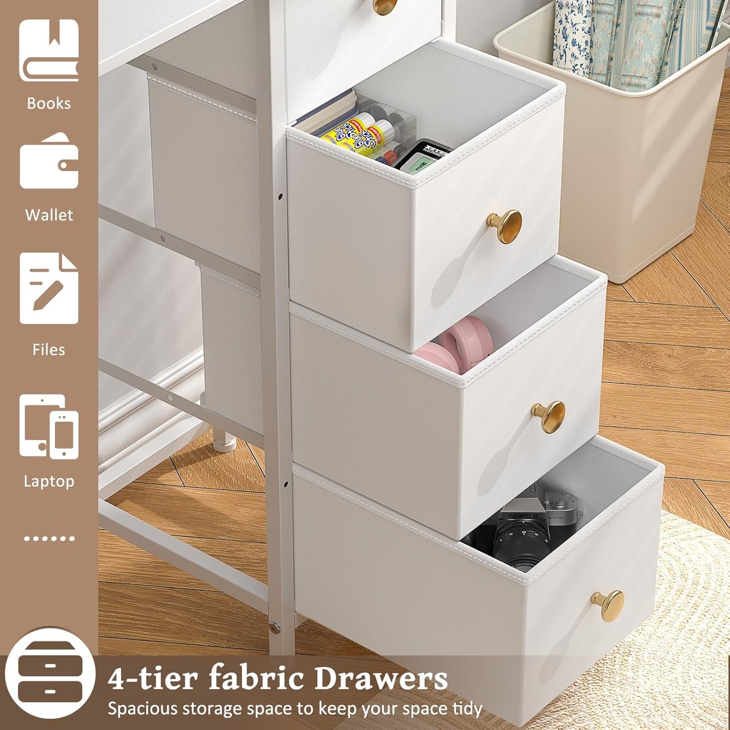 Small White Desk - 35.4 Inch Writing Desk with Drawers | Reversible Study Table for Kids & Teens