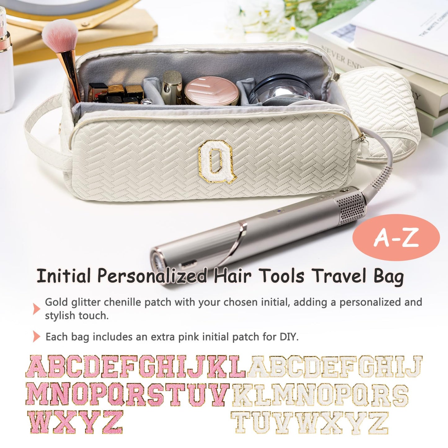 ELCUPA Initial Personalized Hair Tools Travel Bag Compatible with Shark FlexStyle, Revlon & Dyson | Hair Dryer Brush Organizer, Flat Iron, Curling Iron, Makeup & Cosmetic Bag for Travel Essentials