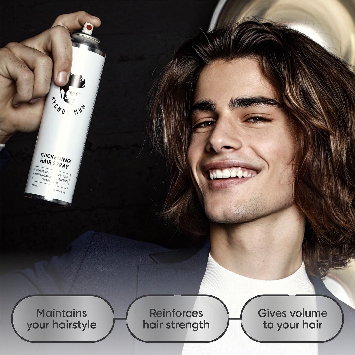 Avenue Man Hair Thickening Spray for Men - Professional Volumizing & Strong Hold Texturizing Spray for Men - Humidity Resistant & Easy Rinse Formula - Long-Lasting Mens Hairspray Extra Hold - 8.5 oz