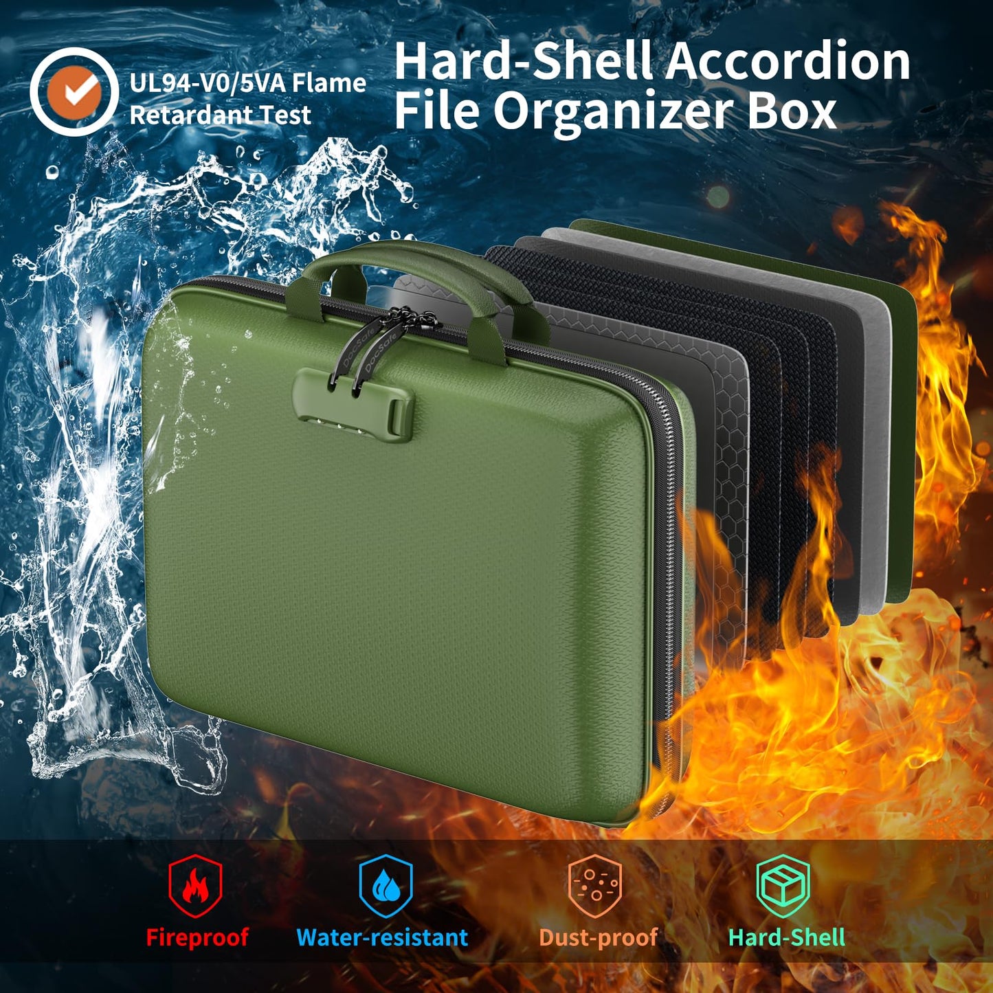 DocSafe Fireproof File Organizer with Lock, Hard-Shell Case Fireproof Document Box with 13 Pocket Accordion File Folder, Portable Home Office Travel Safe Storage for Important Documents Laptop Green