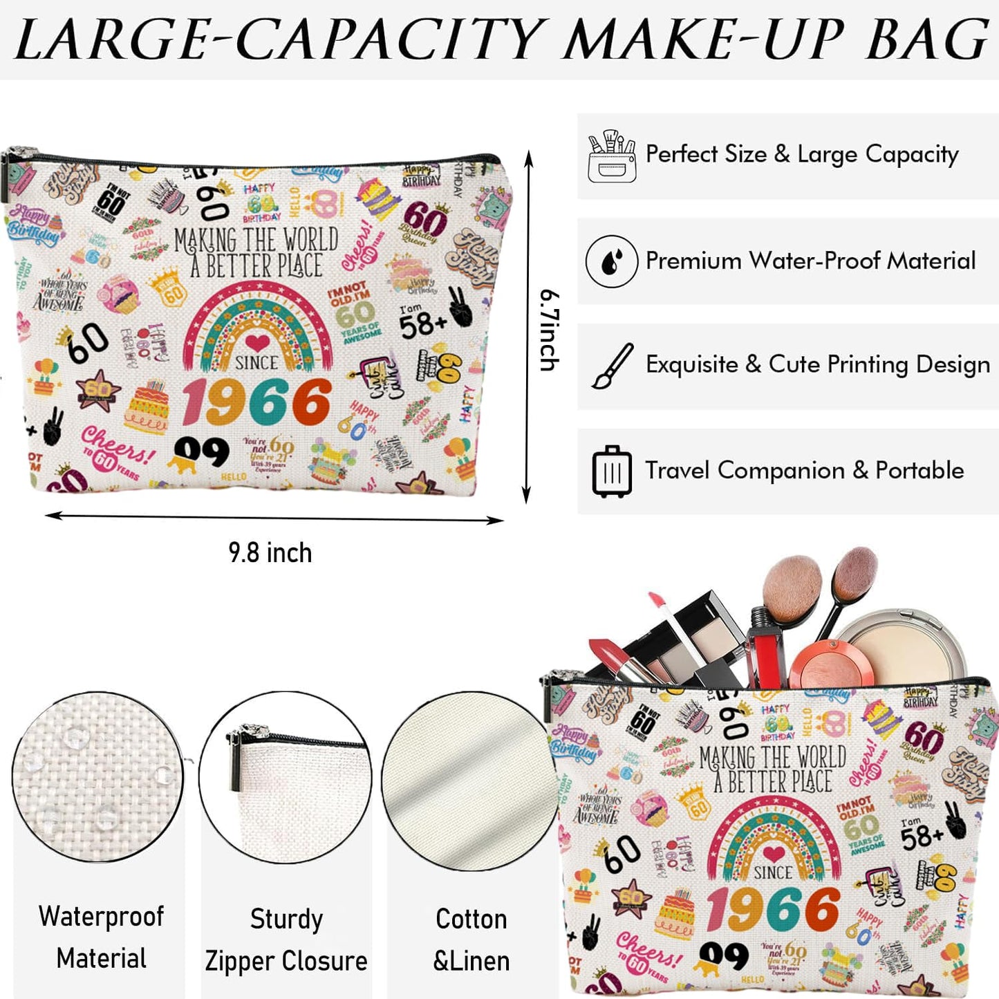 NONETH 60th Birthday Gifts for Women Makeup Bag, Funny 1966 60 Year Old Birthday Decorations Gift Ideas for Grandma, Mom, Her, Wife, Cosmetic Travel Bag & Toiletry Pouch