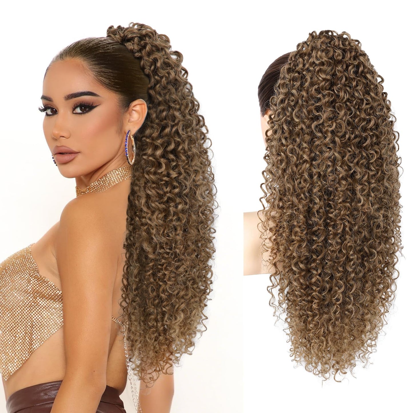 REECHO Ponytail Extension - 26" Long Curly 2-in-1 Claw Clip & Drawstring Ponytail Hair Extensions 100% Super Protein Pony Tail Hairpieces for Women - Golden Walnut