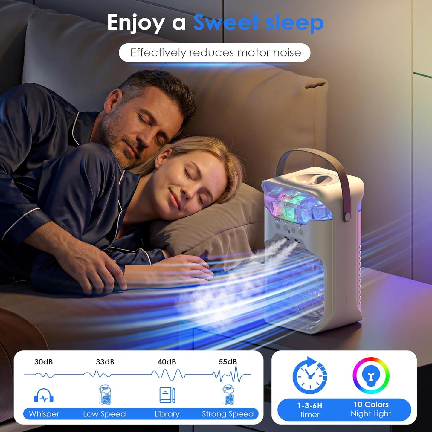 Portable Air Conditioner - 4-in-1 Cooling Unit with 3 Fan Speeds & 1600ML Water Tank | Remote Control & 10 Color Night Light for Home, Office, Outdoor