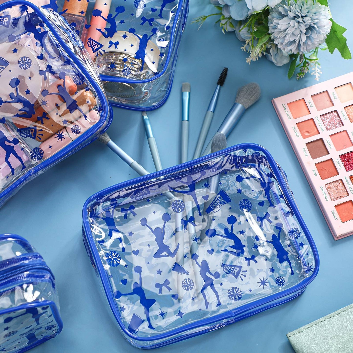 Shinylin 20 Pcs Cheer PVC Makeup Bag Cheer Teams Gifts Clear Makeup Case Cheerleader Teams Gifts Toiletry Zipper Pouch for Cheerleading Teammates Party Supplies,7.9 x 5.9 x 2.4''(Blue)