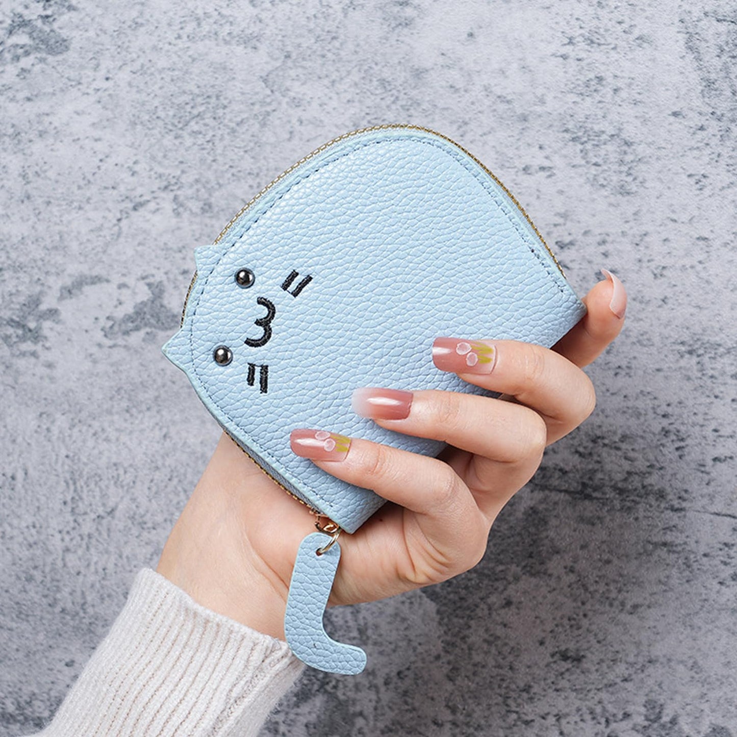 Elegant Cat-Themed Coin Purse for Women | Stylish Litchi Pattern with PU Card Holder | Perfect as a Cat Wallet or Change Purse Blue