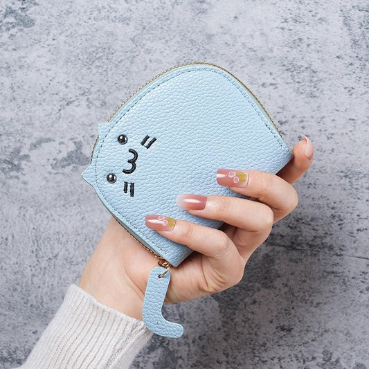 Elegant Cat-Themed Coin Purse for Women | Stylish Litchi Pattern with PU Card Holder | Perfect as a Cat Wallet or Change Purse Blue