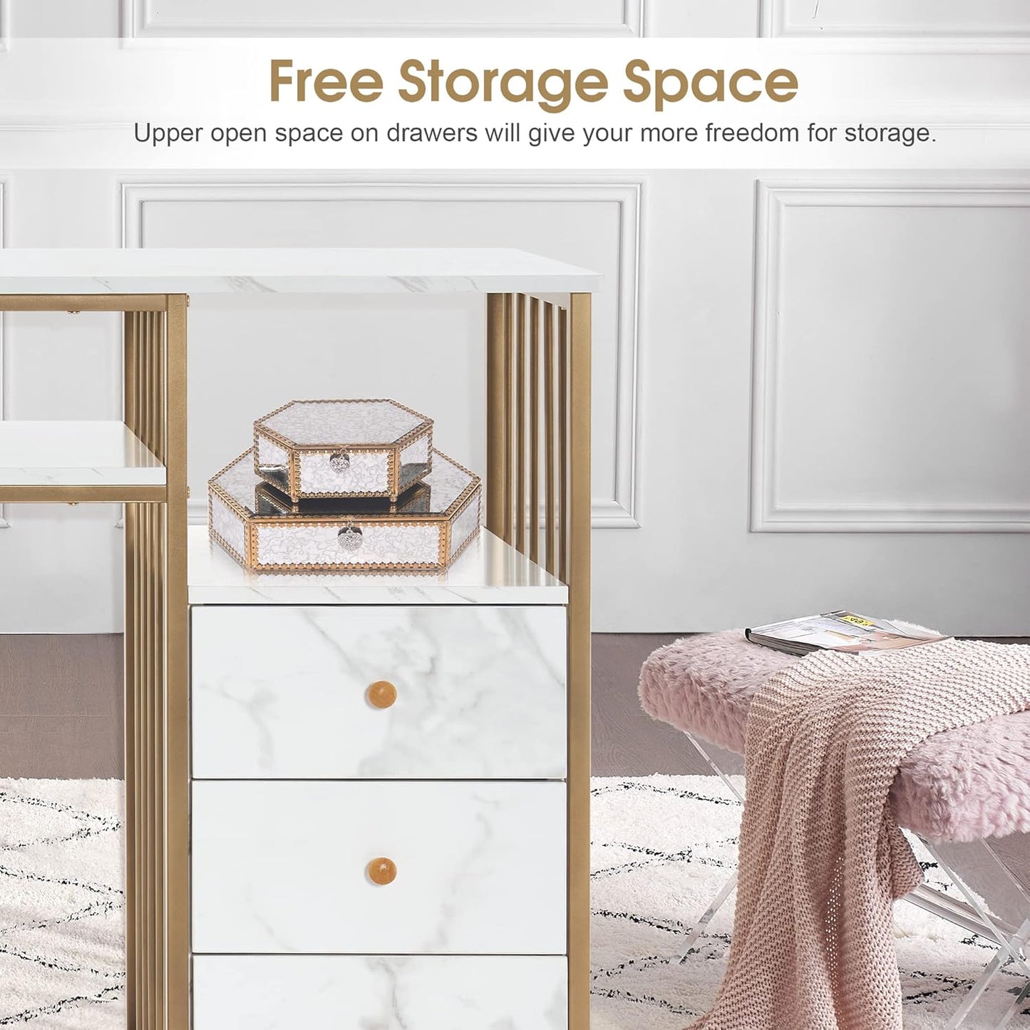 Manicure Table for Nail Tech - Golden Marbling Texture with Storage Drawers | Home Salon Spa Equipment
