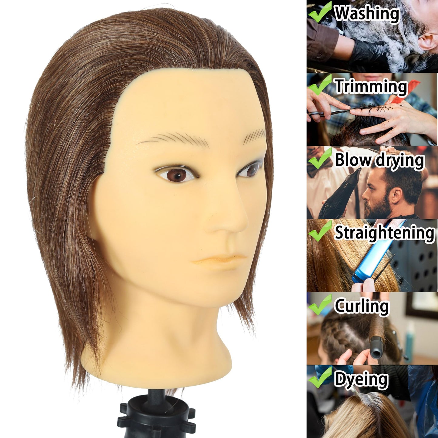 TKIMHEQ Male Mannequin Head with Beard 100% Human Hair Haircut Training Head for Cosmetology Straight Thick Hair Manikin Head Doll Head with Stand Practice Cutting Styling