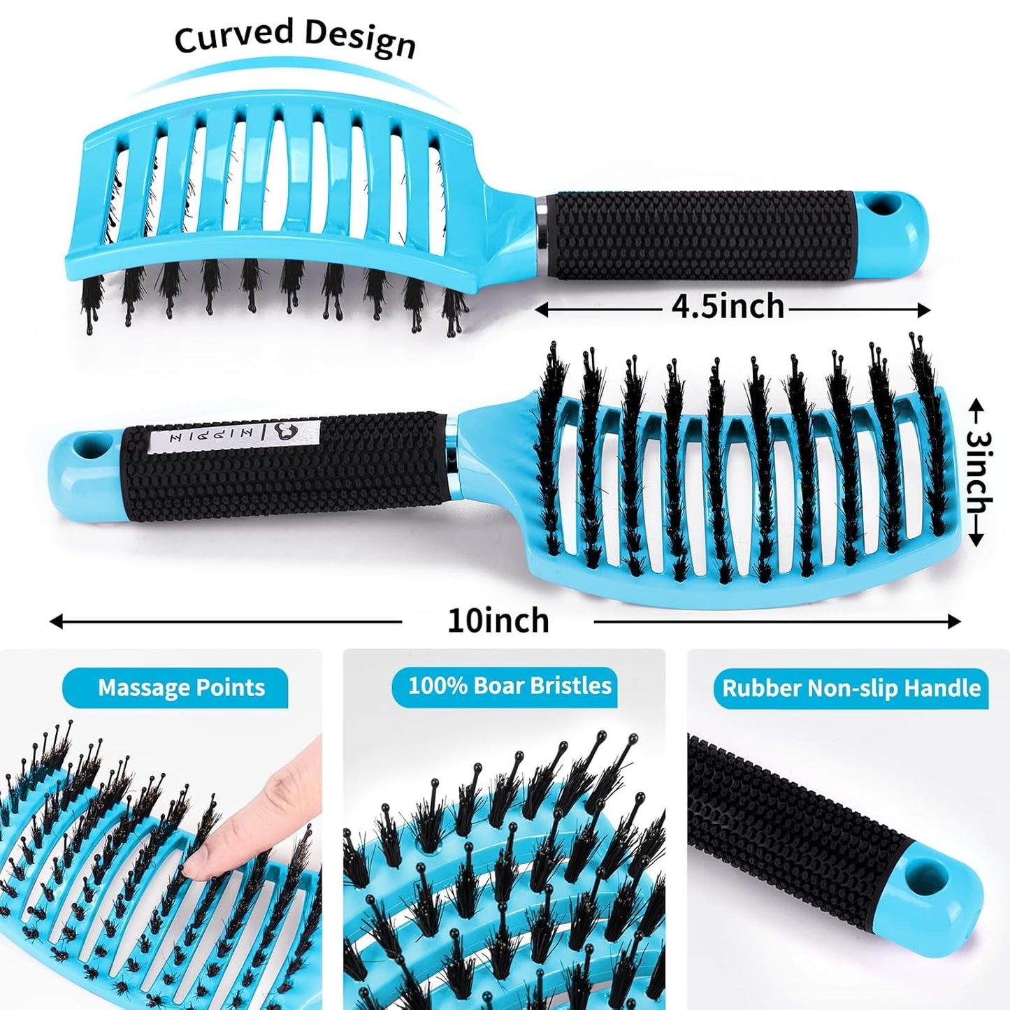 Boar Bristle Hair Brush Set - Curved Vented Detangler for Kids & Men | Adds Shine to Thick Curly Hair