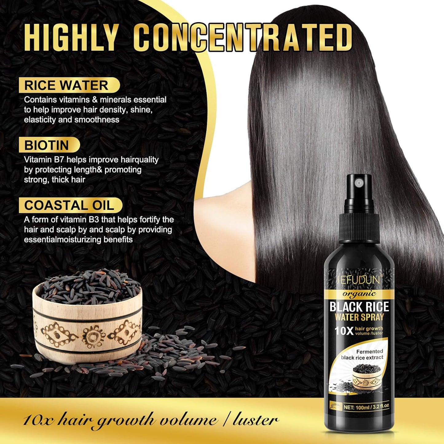 Organic Black Rice Water Spray - Hair Growth Solution with Castor Oil & Ginger Extract | 100ml/3.2 fl.oz