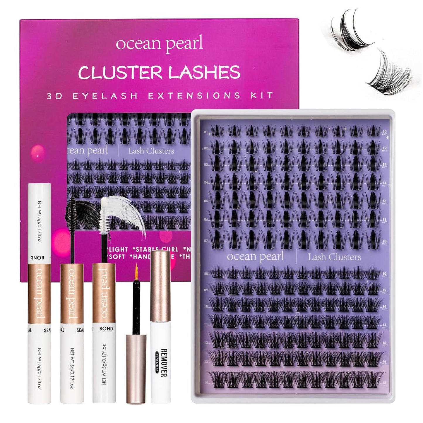 Ocean Pearl Lash Clusters - 320 Pcs 11-20mm Eyelash Extension Kit | 40D, 50D, 100D with Adhesive & Tweezers