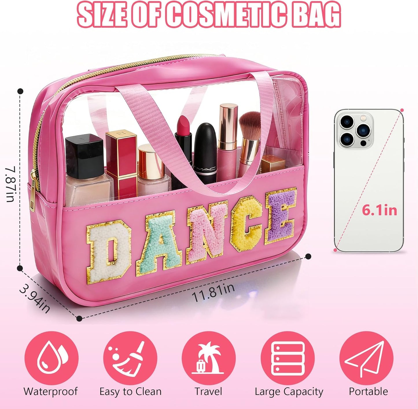 Dance Makeup Bag - Chenille Letter Patch Clear Ballet Cosmetic Case | Waterproof Nylon, Perfect for Dance Recitals & Competitions
