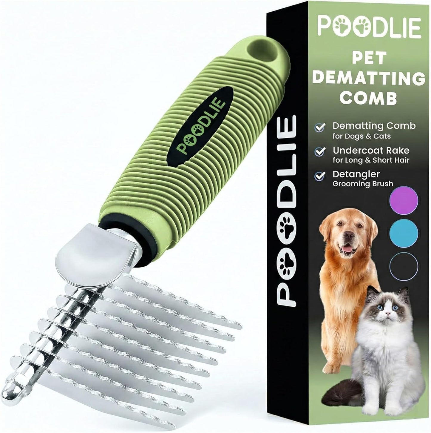 Poodle Dematting Fur Rake Comb - 2.5" Steel Blades for Dogs & Cats | Detangle Matted Undercoat Hair
